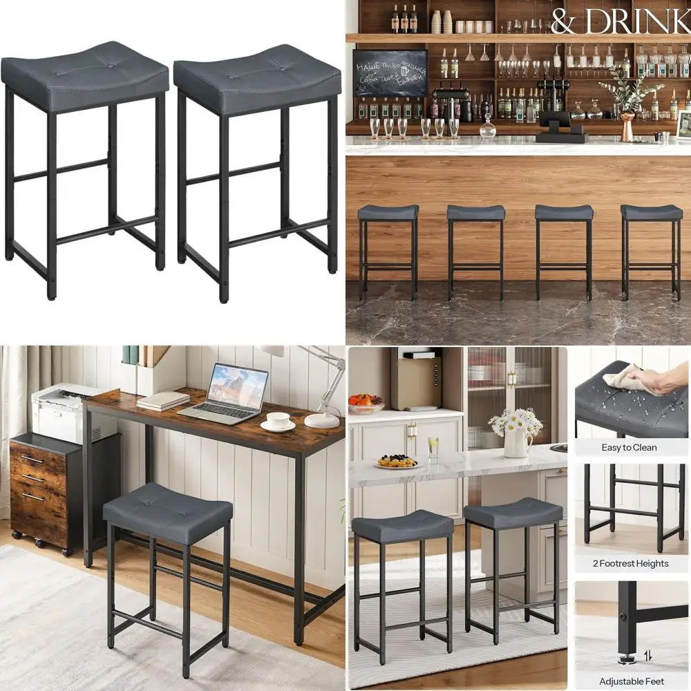 مقاعد بار سرج بارتفاع 25.4 مع مقعد PU، وكراسي إفطار المطبخ، ومناسبة لغرف الطعام والمقاهي والحانات، باللون الرمادي/B #1