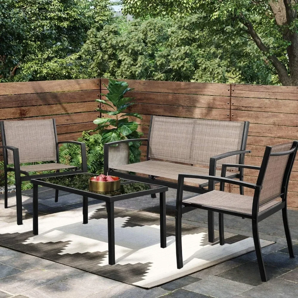 

4 Pieces Patio Furniture Set, Outdoor Conversation Sets for Patio, Lawn, Garden, Poolside with A Glass Coffee Table, Brown