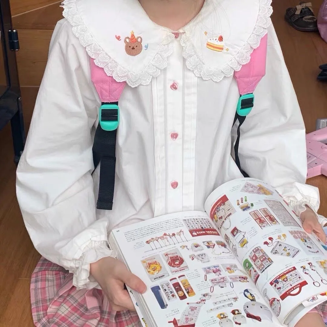 

Kimotimo Japanese Cute Lace Peter Pan Collar White Shirt Women 2025 Autumn Single Breasted Loose Y2k Tops Sweet Versatile Blouse