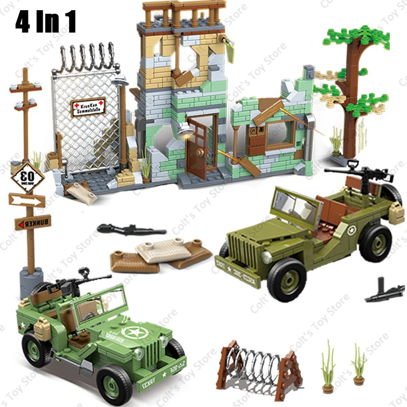 WWII Willys Jeep Car Military War Ruin Scenes Fighting Vehicle Soldier Building Blocks Sets ORV Model Dolls Brick Toys Kids Gift