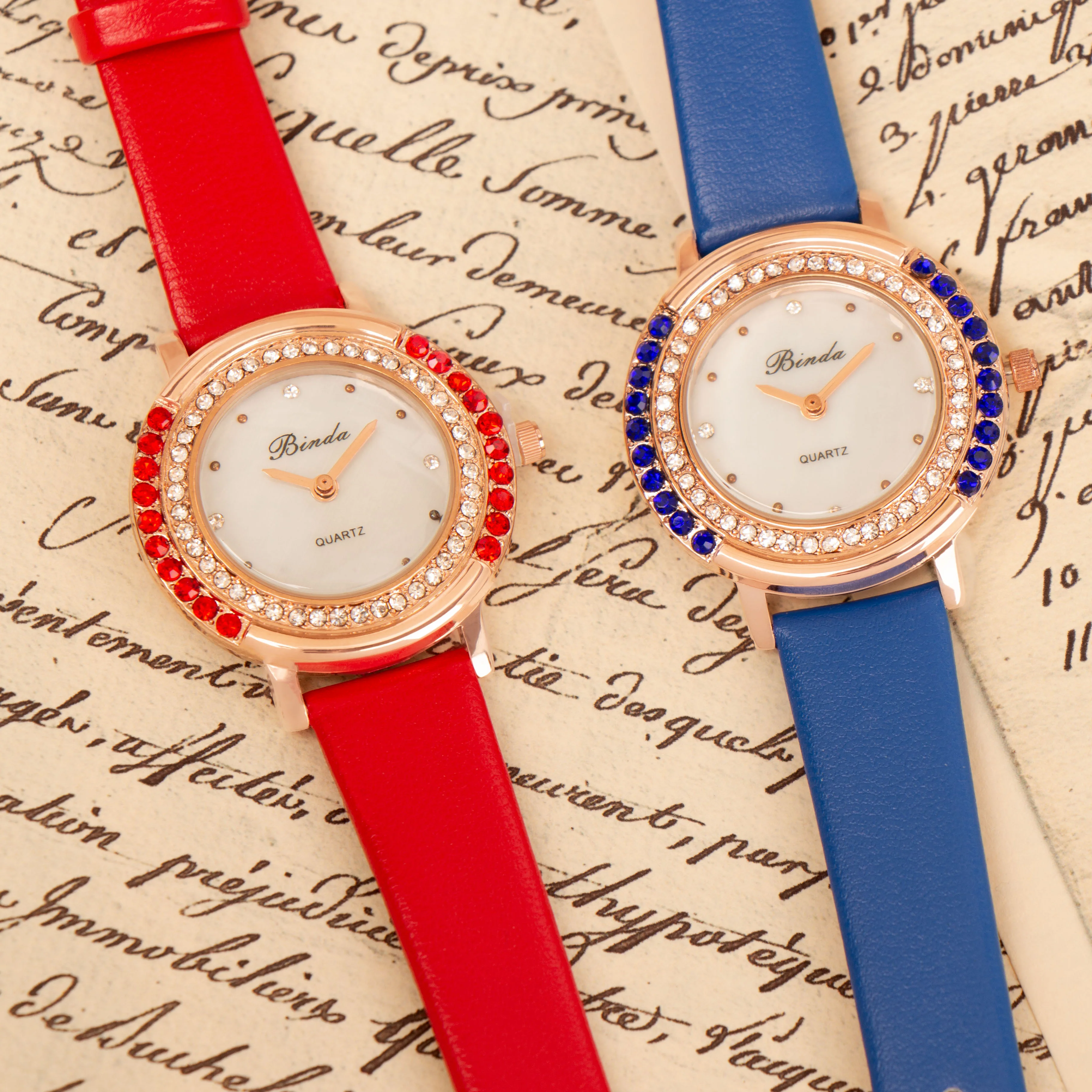 Binda Original Diamond Dial Women's Quartz Watch, Elegant Fashion Design with Leather Strap