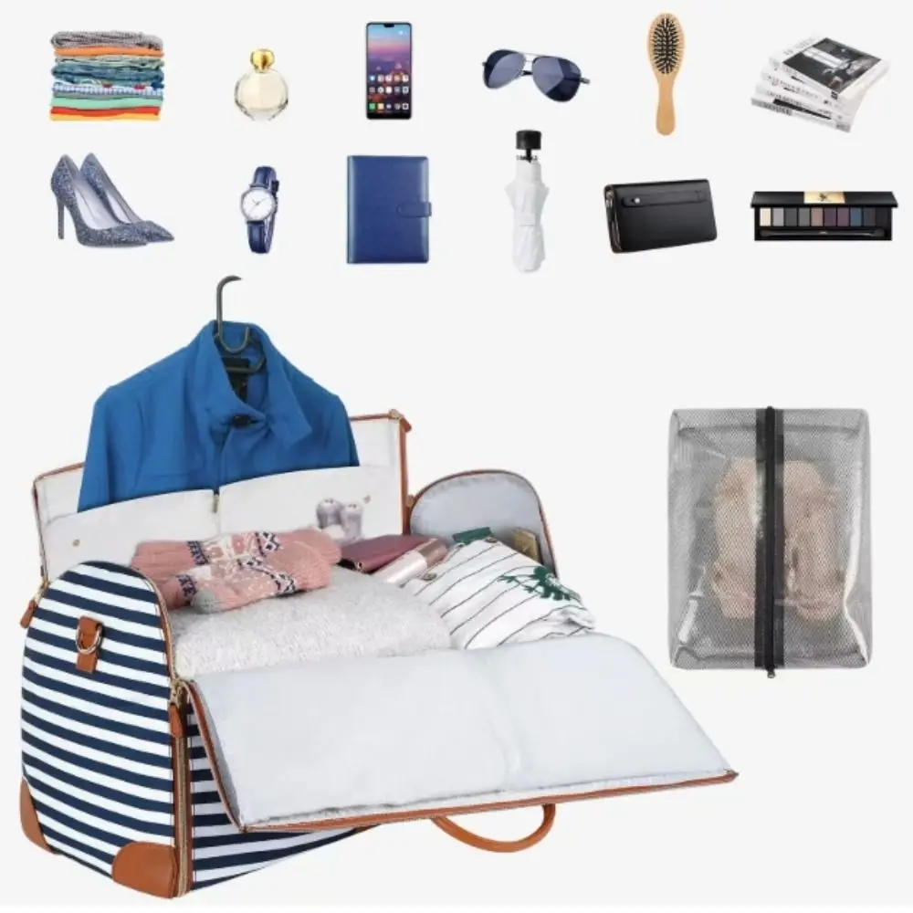 Shoulder Strap Striped Large Capacity Travel Bag Foldable Convertible Duffle Bag PU Material Expandable Folding Suit Bag Travel