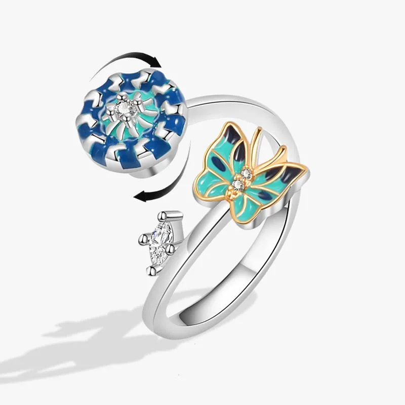 Mini emaliowany motyl obracający się obrączki z paciorkami dla kobiet z kryształowym uśmierzenie lęku i regulowanym pierścieniem
