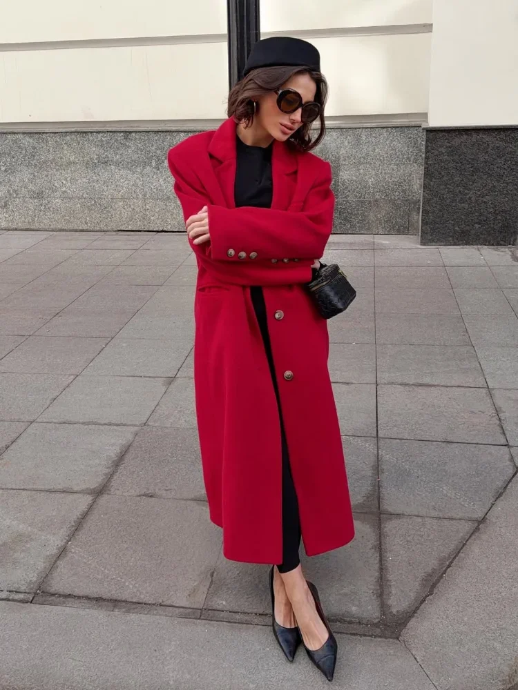 Women Red Long Oversized Coat Lapel Collar Loose Wool Blend Maxi Trench Coat Fashion 2026 Winter Autumn Outerwear Streetwears