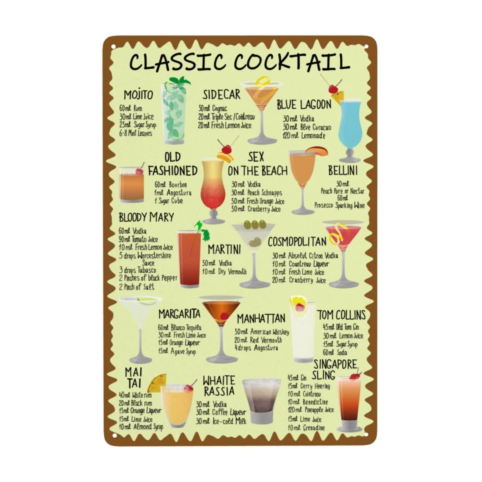 Classic Cocktail Recipes Tin Sign Kinds of Beer Wine Drink List Vintage Poster Tin Painting Metal Sign Decor Iron Plating 8x12in