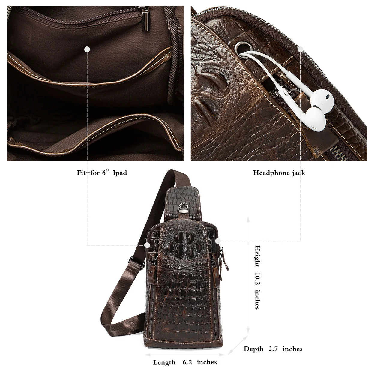 Sac de poitrine en cuir véritable pour homme, sac à bandoulière, motif alligator masculin, pack de voyage lancé GT