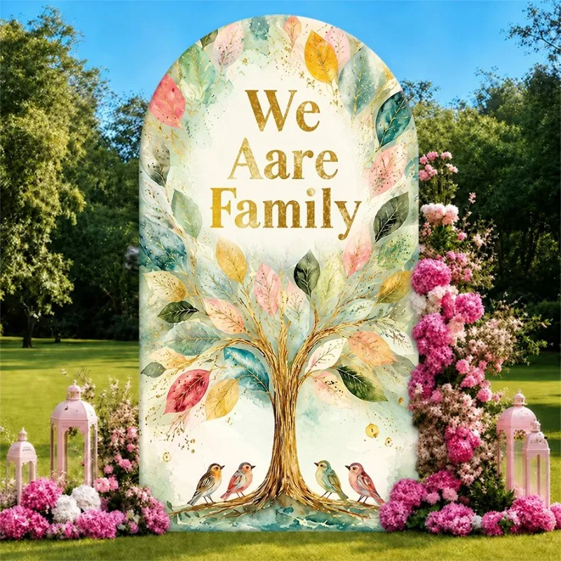 

Single Side Arch Backdrop Cover Elegant Family Tree Backdrop with Golden We Are Family Text and Birds Surrounded by Pink Floral