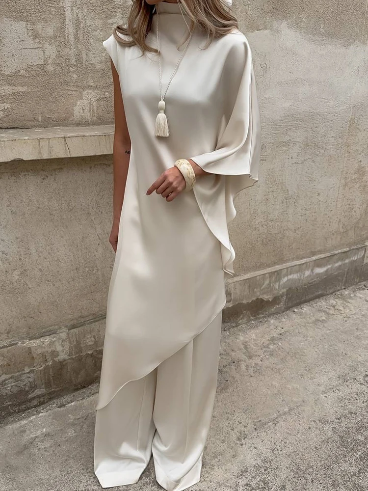 JULISSA MO 새틴 불규칙한 터틀넥 여성 미디 드레스 화이트 망토 슬리브 하이 웨이스트 드레스 여성 가을 ​​슬림 우아한 streetwear