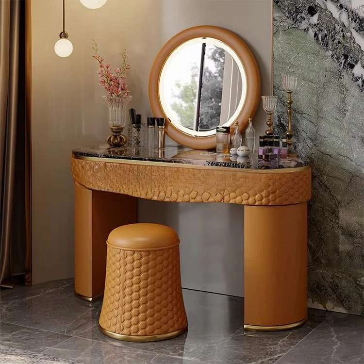 High-End Leather Dresser Set Luxury Gold Metal Dresser With Two Drawers Hotel Bedroom Girls Kids Dressing Table With Chair