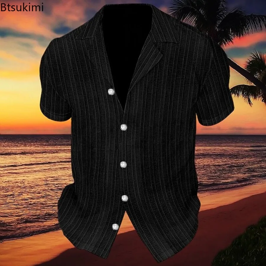New Men's Solid Color Casual Short Sleeve Shirts Summer Lapel Button-up Striped Cardigan Tops Male Daily Vacation Beach Blouses