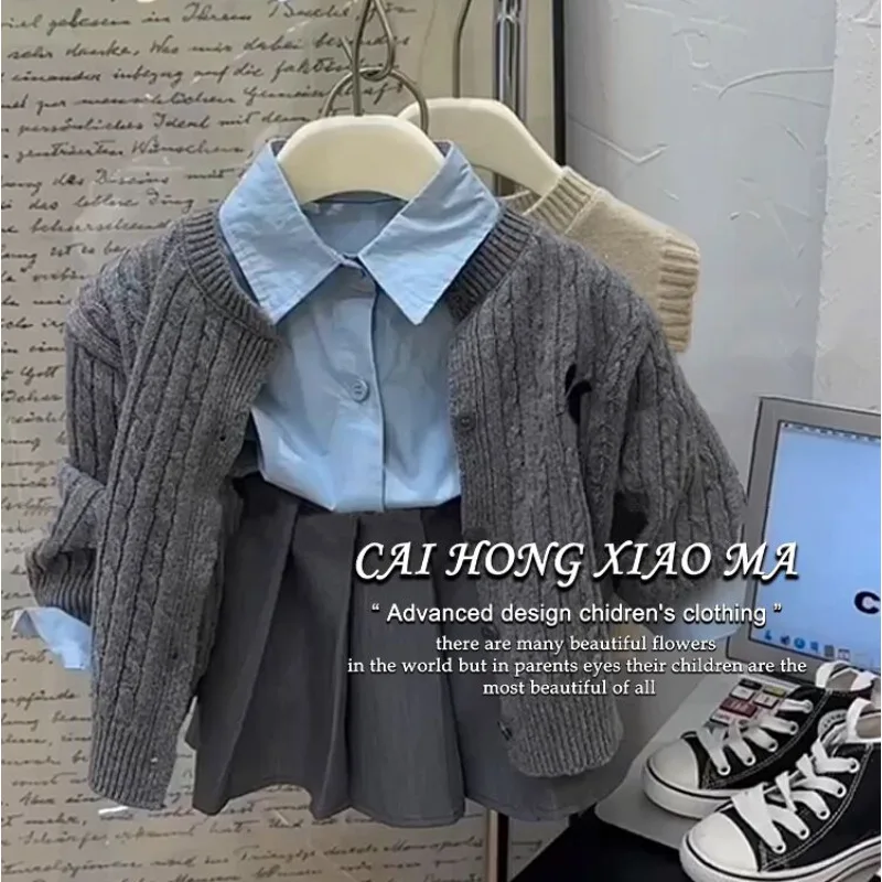 الربيع الكورية نمط الفتيات ثلاث قطع مجموعة الزي المدرسي سترة مع رفض طوق بلوزة مطوي تنورة طفل أطفال الزي