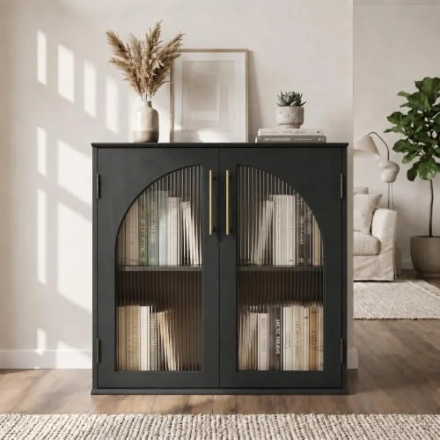 31.5 Glass Door Buffet Cabinet with Storage, Modern Double Arched Sideboard Cabinet for Living Room Dining Room Entryway, Coffe