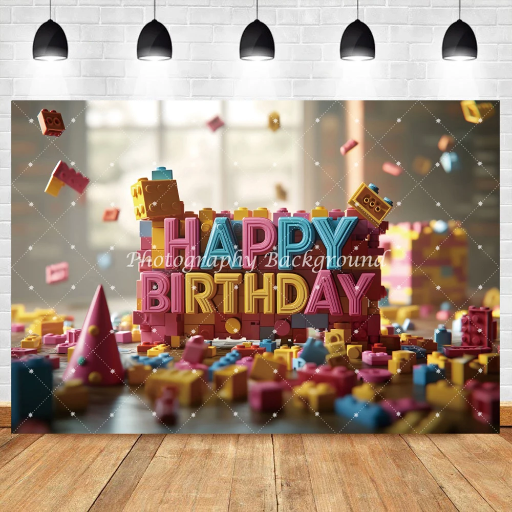 Building Blocks Backdrop with 3D Happy Birthday Letters Photography Background Kids Birthday Party Baby Shower Photo Booth Props