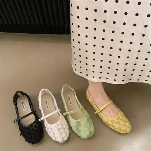 SUOJIALUN 2025 Summer New Women Flat Shoes Fashion Flower Lace Slip On Mary Jane Shoes Soft Flat Heel Outdoor Dress Single Shoes