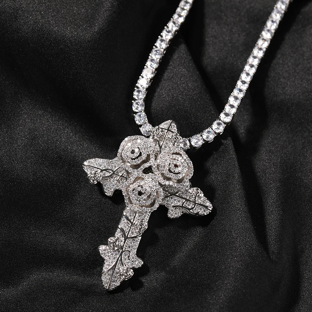 TBTK Rose Flowers Cross Pendant Iced Out AAAAA+ Bling Cubic Zirconia Necklace For Women Charm Hiphop Punk Jewelry