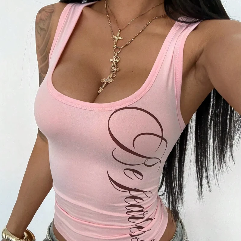 

Y2K Harajuku Summer Simple Street Fashion Sleeveless Tight Shirt Casual Women's Personality Sexy Spice Girl Letter Printed Vest