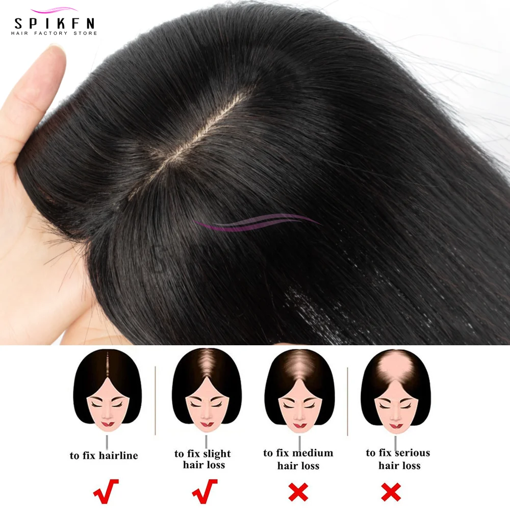 自然な黒色の本物の人毛ヘアピース（前髪付き）8x12cm 通気性のあるヘアベース ヘアピース 薄毛または前髪のヘアスタイル用 20-35cm