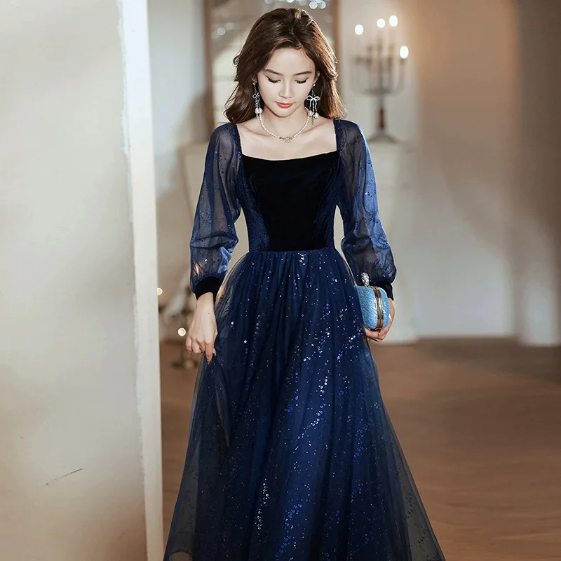 

Navy Blue Sequin Evening Dresses Women Long Sleeves Square Collar Patchwork Homecoming Dress Simple Elegant Host Gown