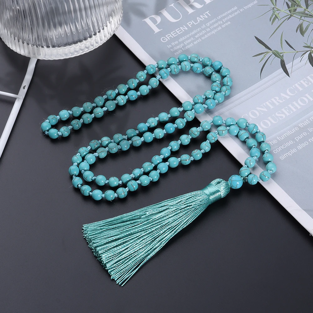 

OAIITE Blue Turquoise Necklace Reiki Natural Stone Beads 108 Mala Yoga Meditation Prayer Classic Necklace for Men and Women