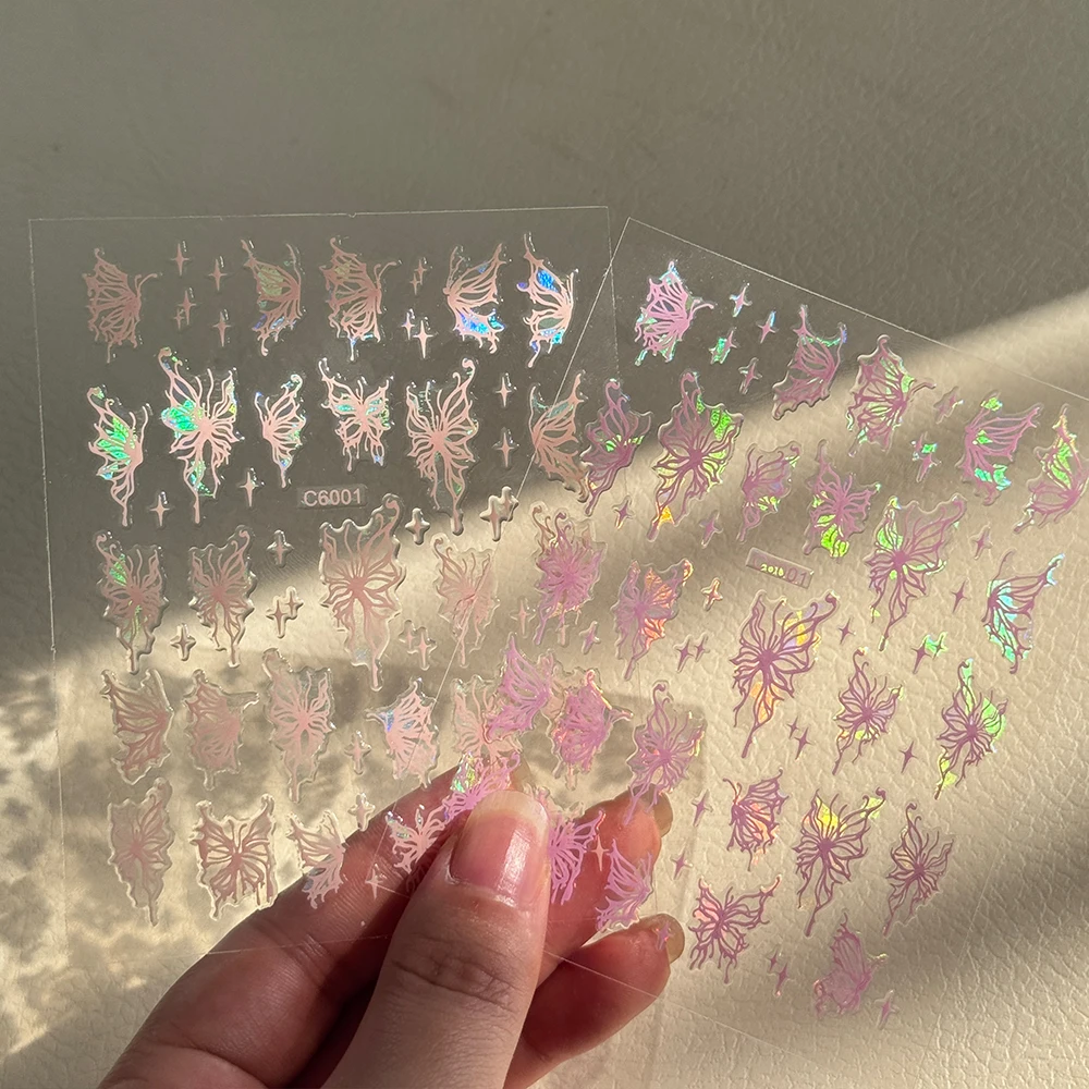 3D 妖精蝶オーロラネイルステッカー Y2k ブラック/ホワイト/ピンク/パープルホログラフィック効果蝶ネイルデカール DIY マニキュアデコ