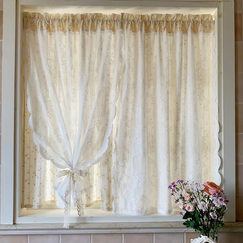 

French double-layer punch-free adhesive type light-transmitting and opaque Korean-style pastoral floral daisy lace curtains curt