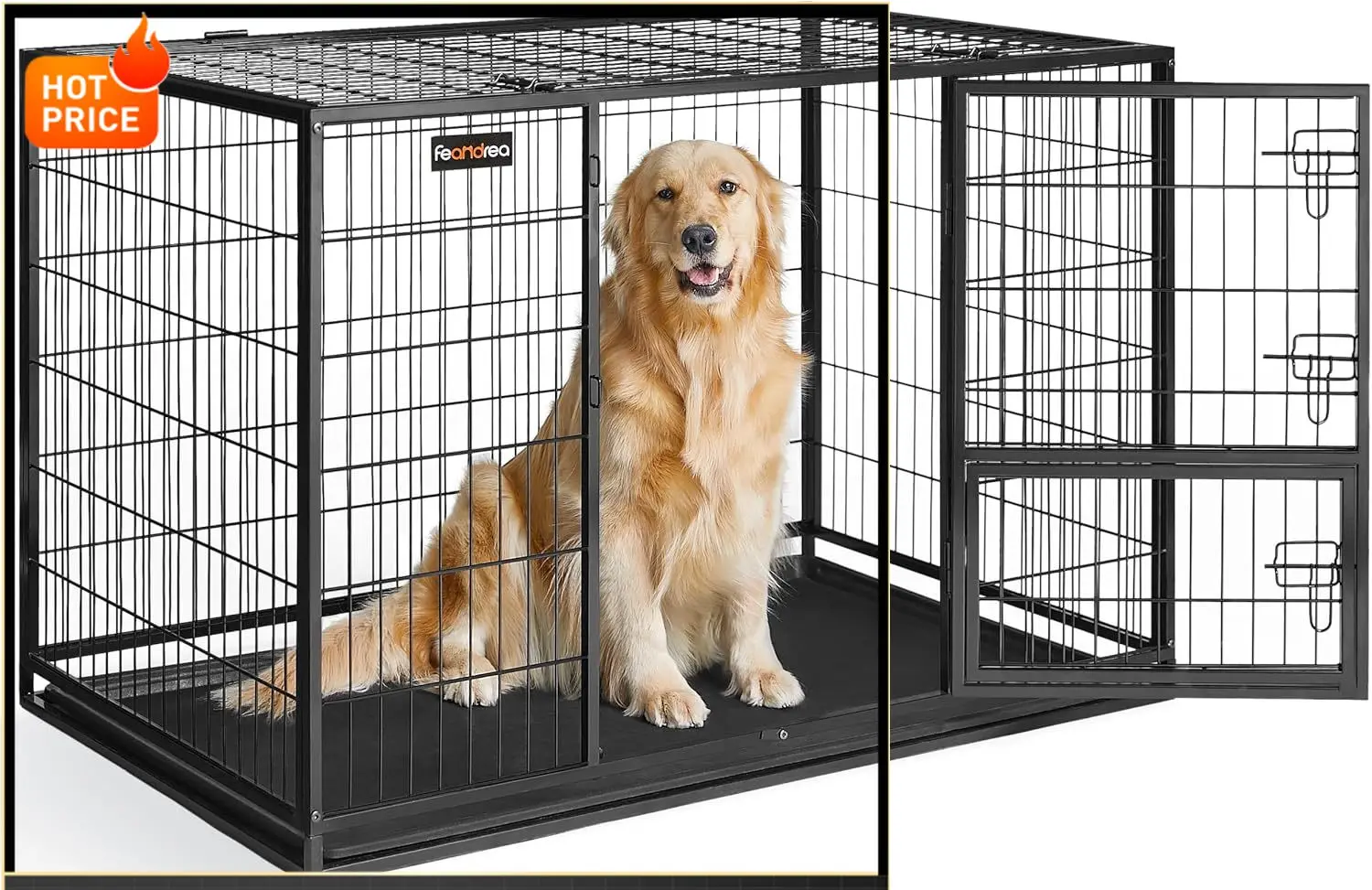 

Bestseller48 Inch Heavy Duty Dog Crate, Metal Escape Proof Dog Kennel with Double Doors and Convenient Feeding Door, Removable T