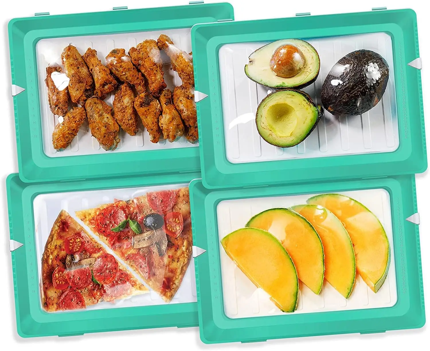 

Version 4 Pack - Stacking Food Storage Trays, Stretch Cover, Save Space and Keep Food Fresh, Reusable, Dishwasher & Freezer