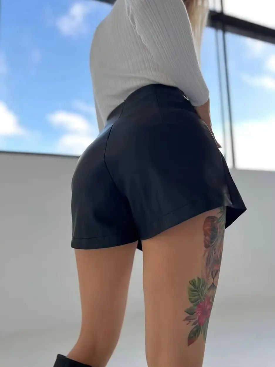 High Waist Faux Leather Pantskirt PU Shorts Tights Package Hip Culotte Split Divided Skirt Faldas Jupe Miniskirt Short Hot Pants