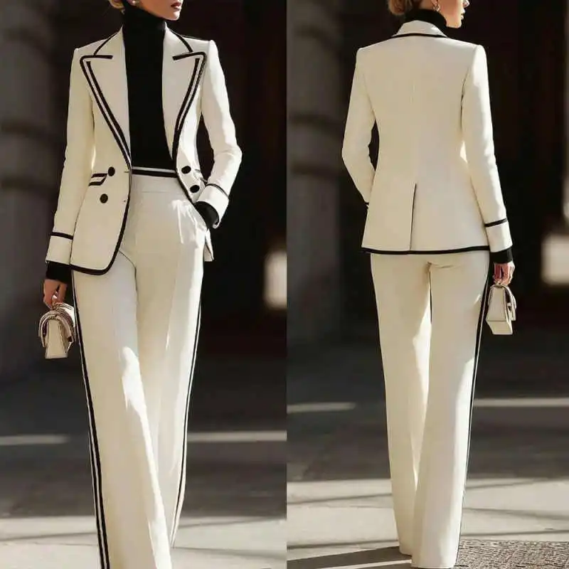 

Fashion Splicing Women's Suit 2 Piece Jacket Pants Double Breasted Peaked Lapel Special Occasion Banquet Party Customized