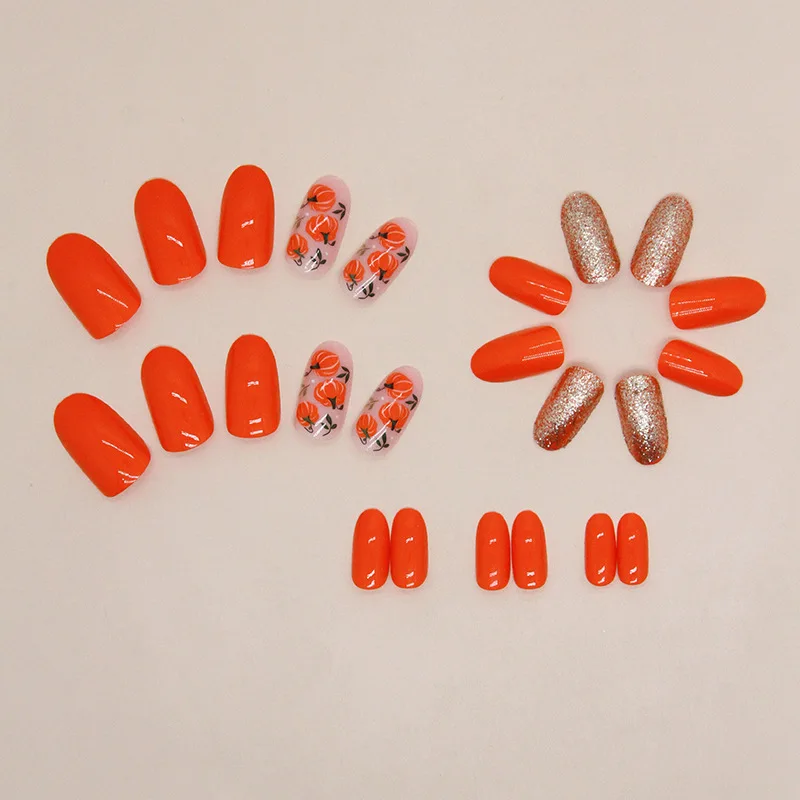 24 Pcs Medium Length Oval Press on Nails To Stick on Kawaii Cute Pumpkin Glitter Autumn Women'sacrylic Full Set Fake Nail Art