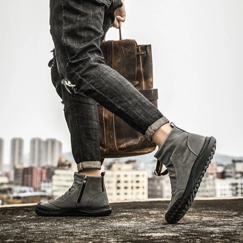 

Ботинки мужские на молнии, резиновая легкая повседневная обувь, винтажные Нескользящие, Y2k