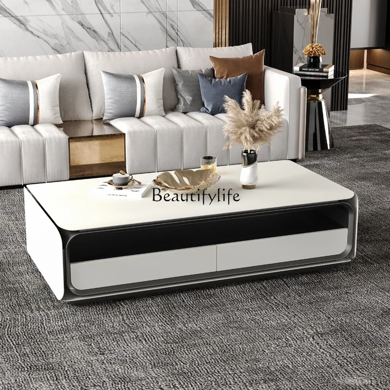 LXItalian light luxury long coffee table Hong Kong style post-modern matte white simple long coffee tableSSS
