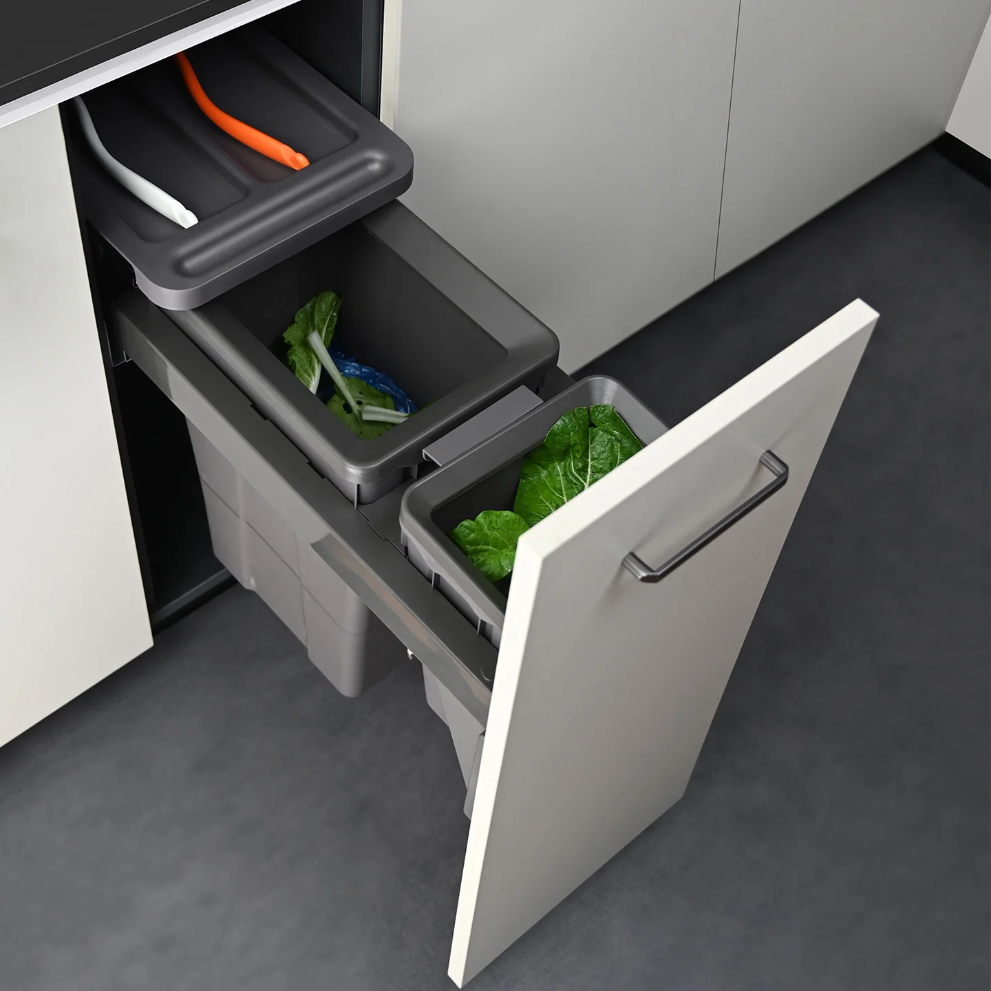 Kitchen cabinets Embedded hidden concealed invisible large capacity built-in double tube damping drawer type sorting trash can