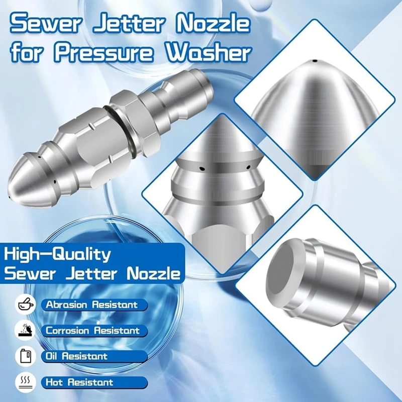 Sewer Jetter Cleaning Nozzle Kit Water Jet Drain Cleaners for 1/4 Inch Pressure Washer Part Accessories Quick Connector 5000 PSI