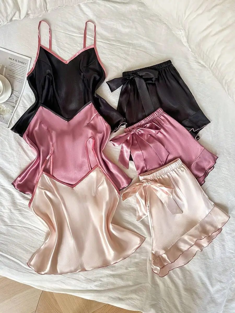 

3-Piece Women's Contrast Color Satin Sleep Set with Ruffle Trim