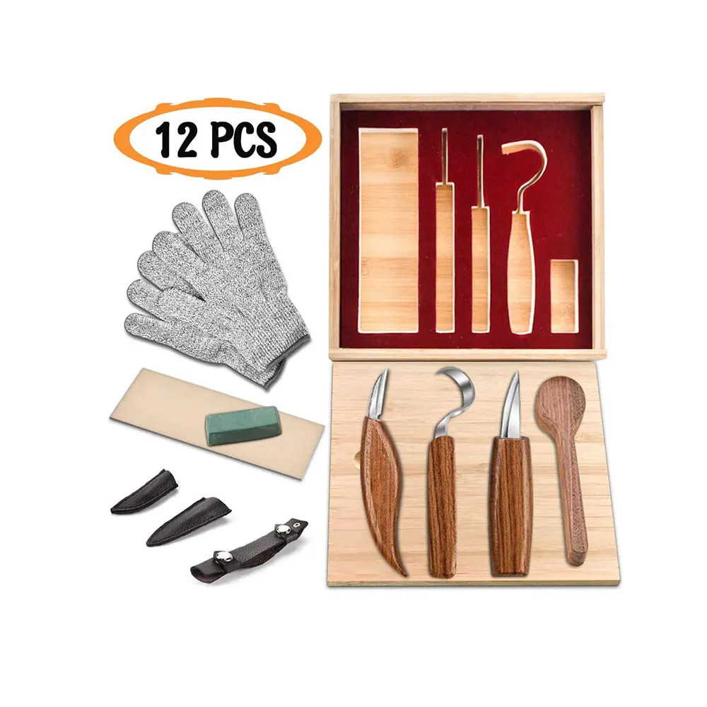 Vibratite 12pcs Wood Carving Tools Set, Hook Carving Knife Sets Leather Sheath And Bamboo Gift Box for Woodwork/