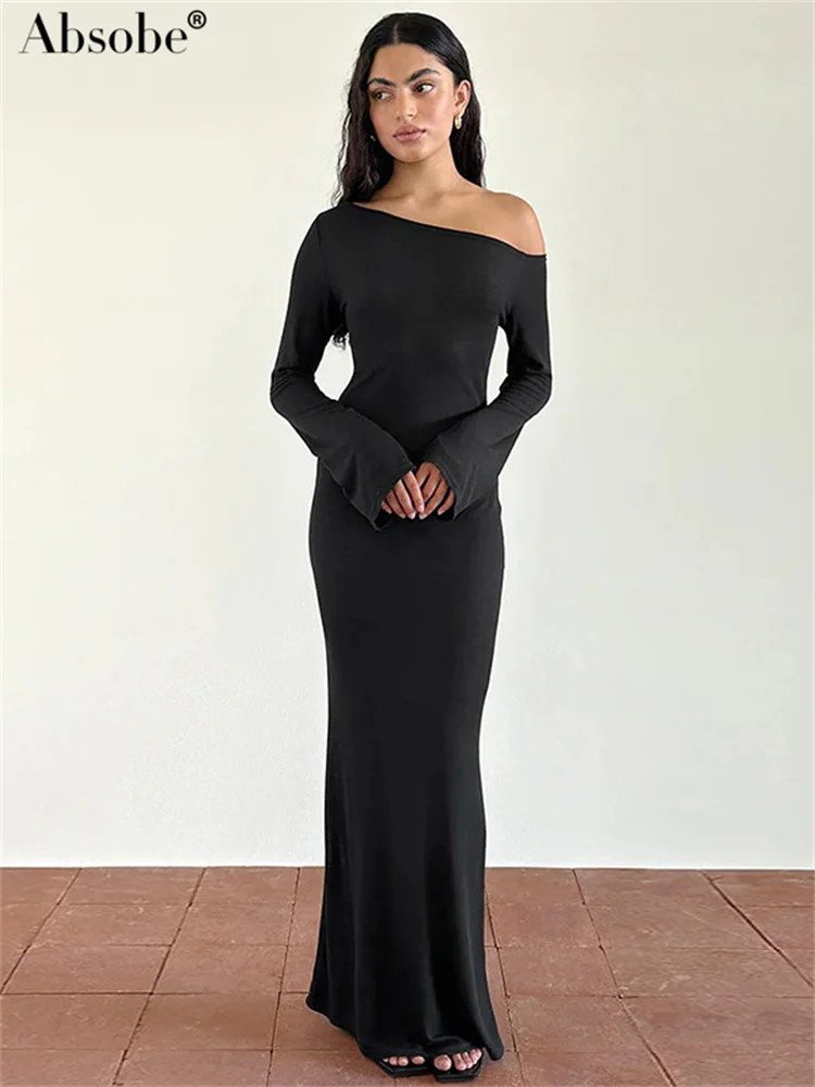 

Absobe Elegant One Shoulder Long Dress Women Black Slim Wedding Party Dresses 2024 Autumn Famale Fashion Temperament Maxi Dress