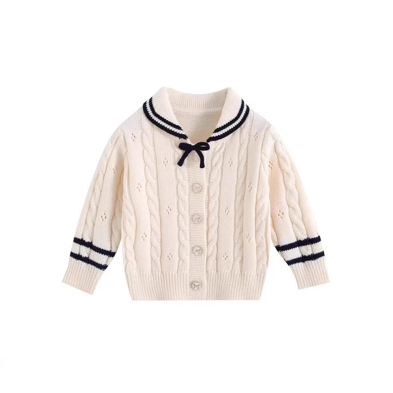 Girls' pure cotton knitted suit, new spring and autumn style, with a collared bowknot twist jacket and stylish pleated skirt two