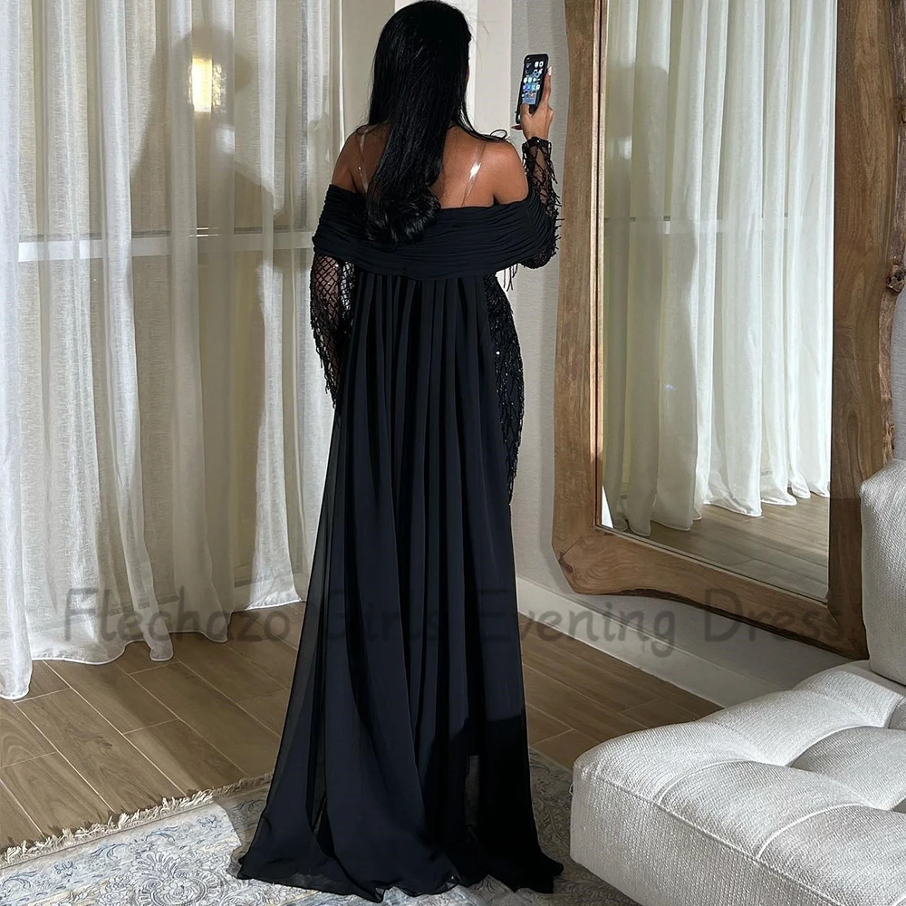 Flechazo Black Straight Evening Dress Boat Neck Off the Shoulder Long Sleeve with Beading Lace Ankle Length Pleat Custom Gown