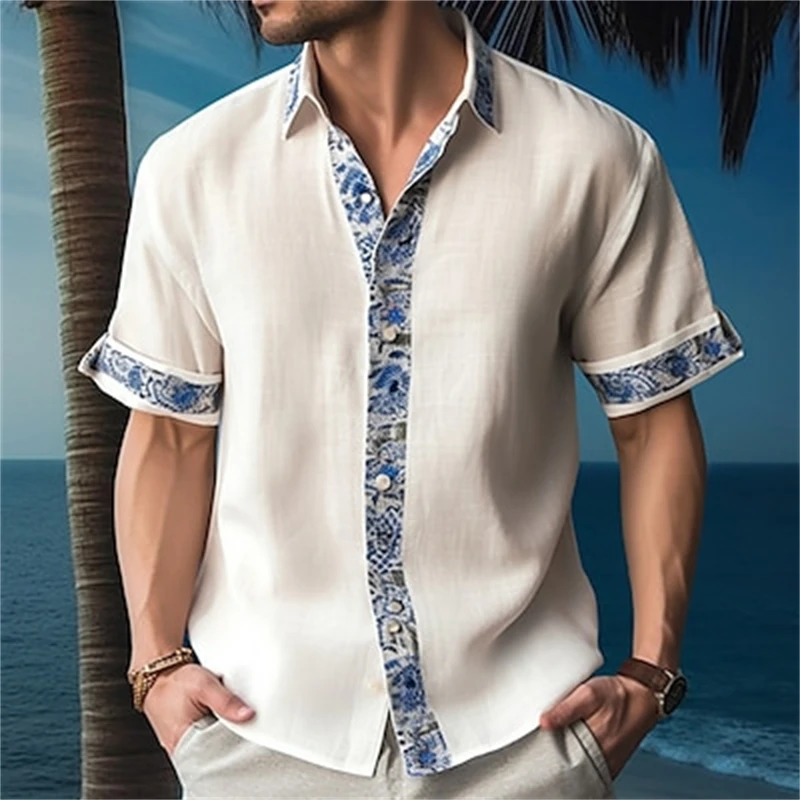 Summer fashion new men\'s short-sleeved shirt solid color cuff placket pattern printing men\'s lapel top loose and comfortable shi