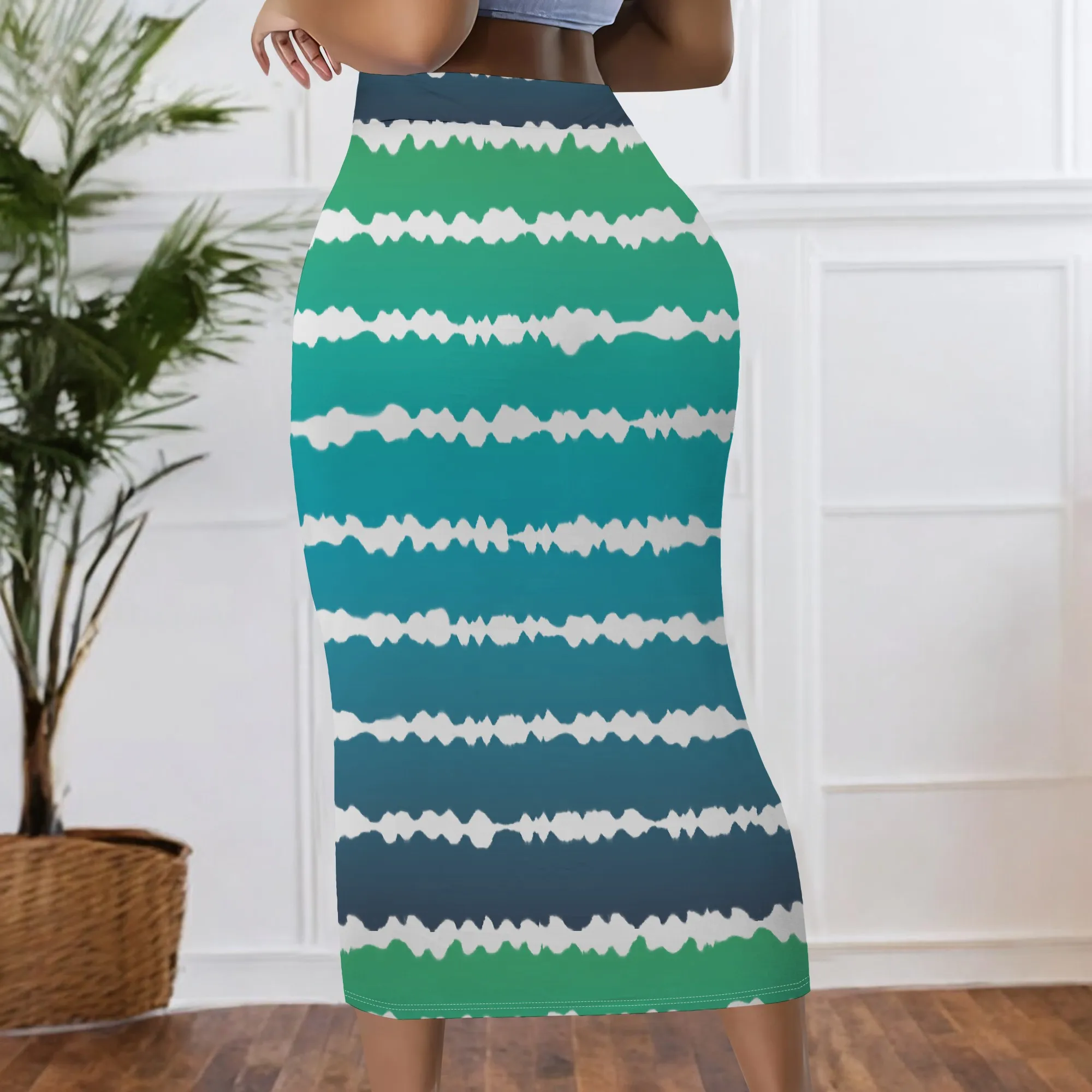 Ombré-Wellen, Midi-Rock, Türkis-Grün Farbverlauf, Gestreifter Bleistiftrock, Lässige Bürokleidung, Sommer Strandparty, S-2XL – Detail 4