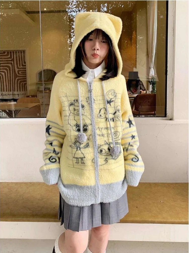 Damski sweter w stylu American Vintage z nadrukiem słodkiego graffiti, słodki kawaii, oversize, z kapturem, zimowy, dziergany, modny, dopasowany kardigan, nowy.