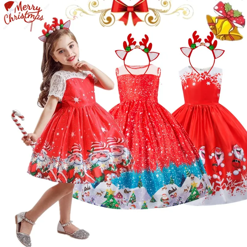 Red Christmas Costume For Kids Girls Party Dresses Cartoon Santa Claus Snowflake Princess Dresses Children Cosplay Xmas Vestidos