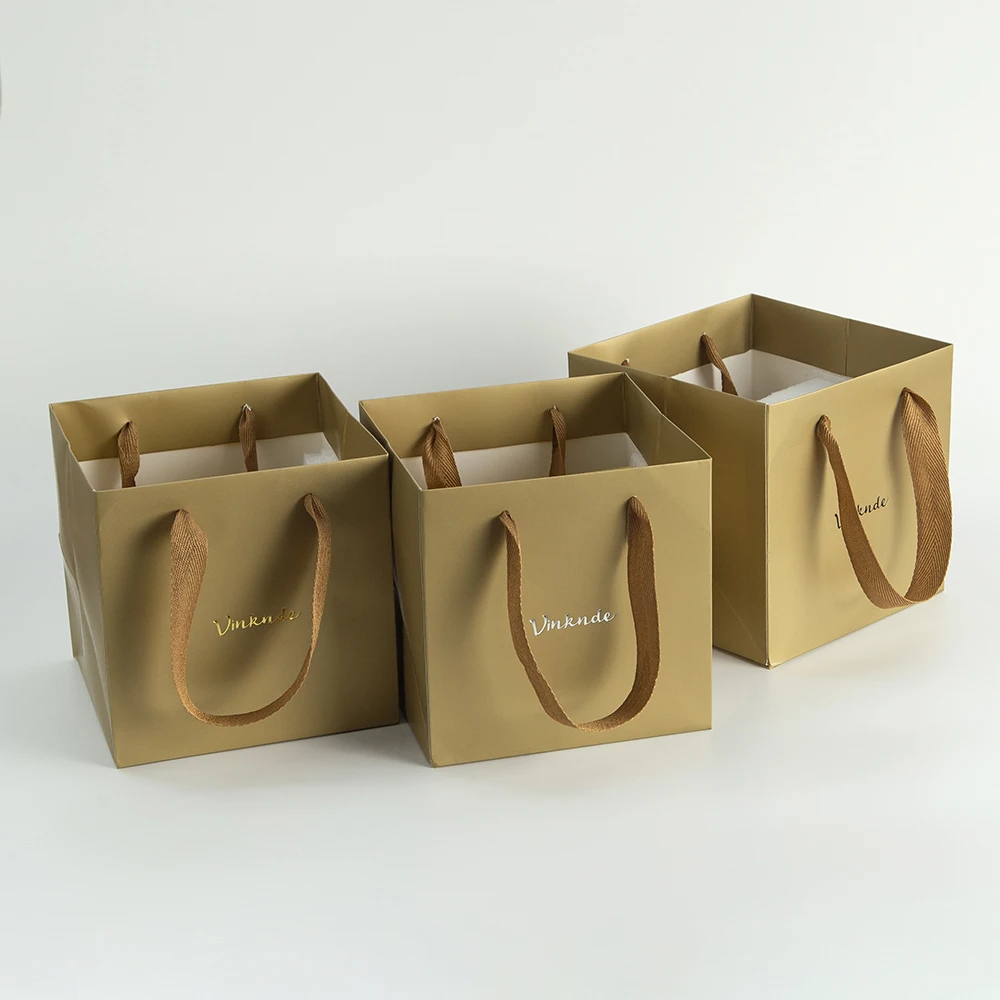 

24pcs Kraft Paper Flower Gift Bags Custom Logo Gold Bouquet Bags Box with Handle Small Paper Carrier Tote Bags For Party Wedding