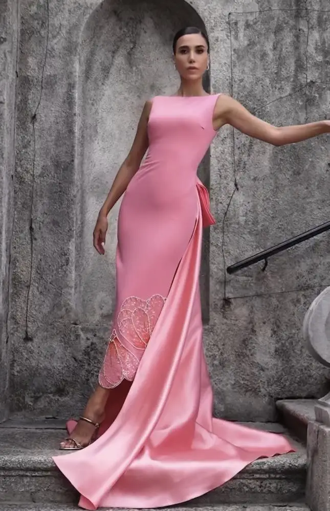 L378 New Arrival Sexy Watermelon Red Pink With Satin Bow Train فساتين السهرة vestidos de fiesta فساتين سهره evening dresses