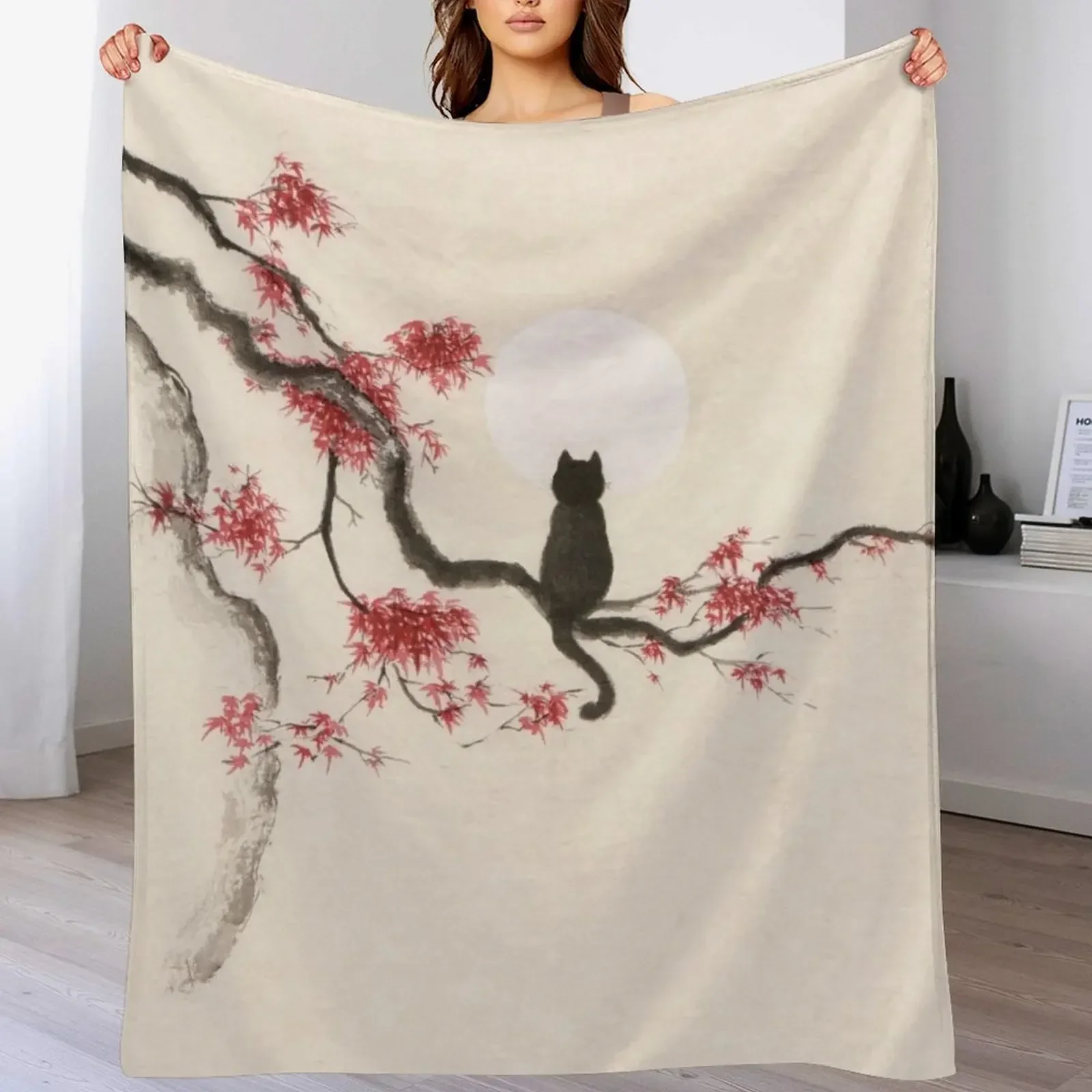 Painting of a black cat sitting on maple tree with red autumn leaves gazing at the full moon art print Throw Blanket