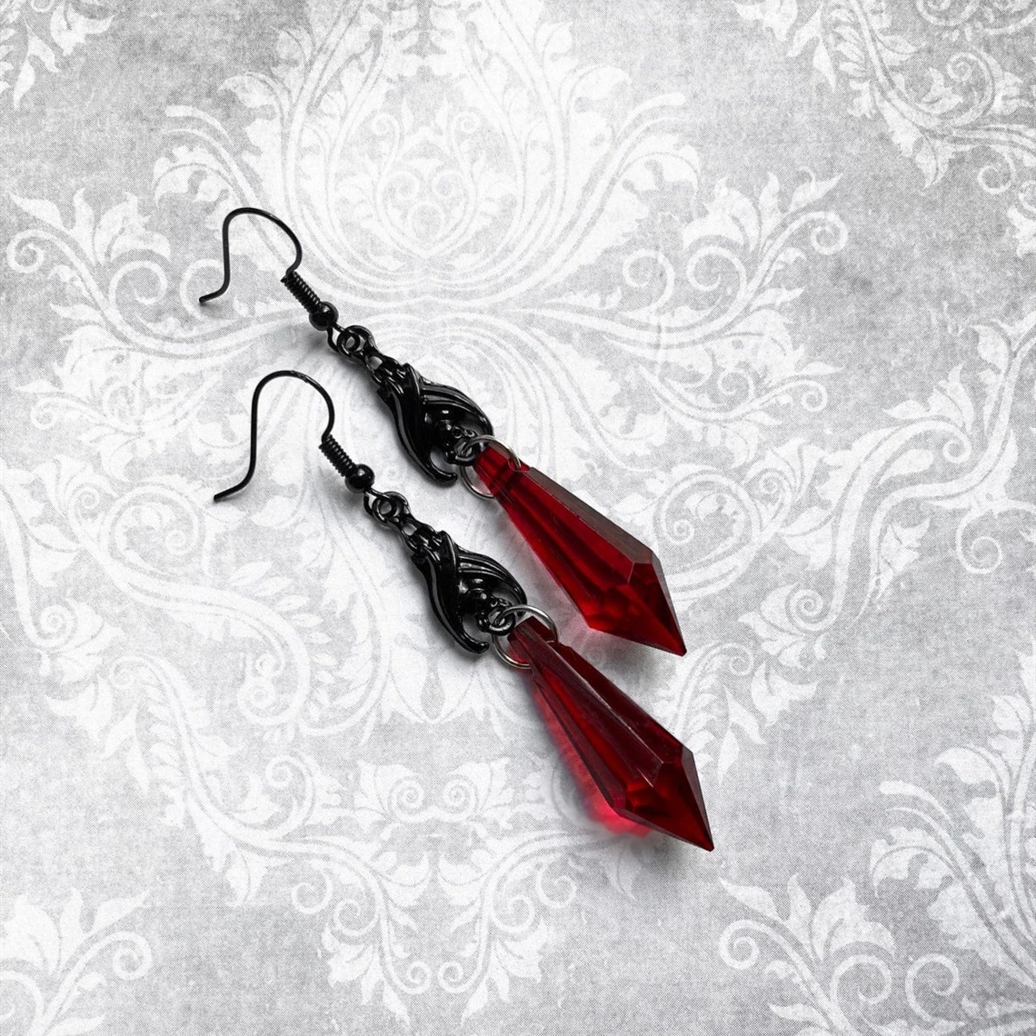 Black Bat Earrings with Red Teardrop Beads, Earrings, Gothic Jewelry,Alternative Jewelry,Gothic Gift for Her,Bat Lover,Halloween