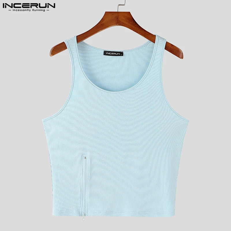 INCERUN Tops 2024 Korean Style Sexy New Mens Fashion Zipper Design Vests Casual Streetwear Male Solid Sleeveless Tank Tops S-5XL