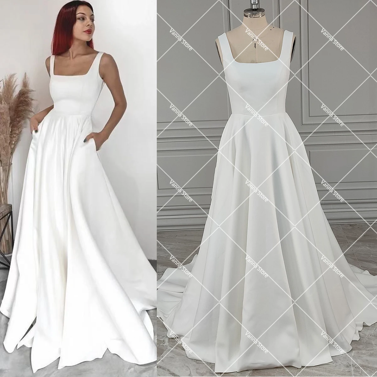 Elegant Matte Satin Square Neck Wedding Dress With Pockets Thick Customized Sleeveless Buttons Open Back A Line Bridal Gowns