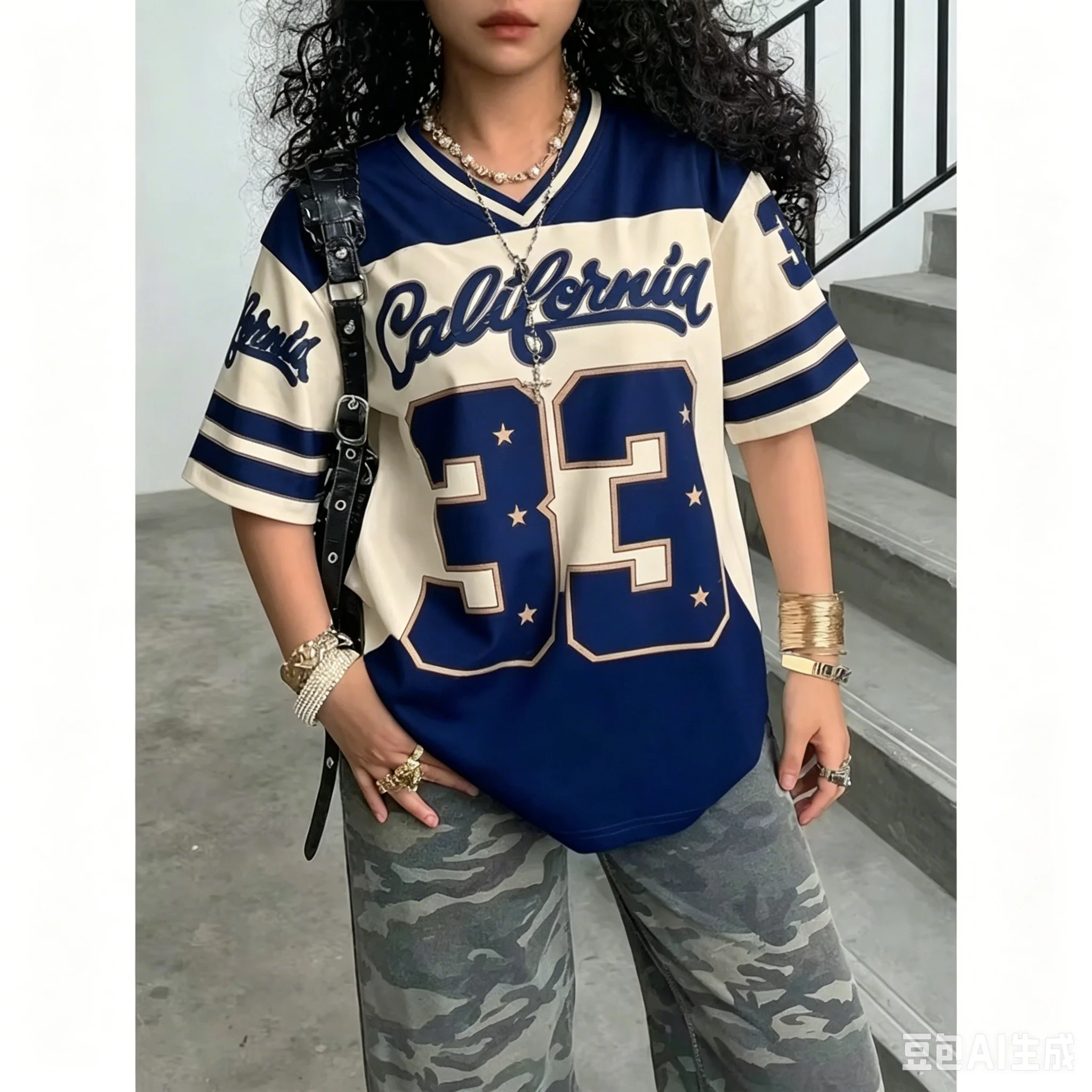 Summer Women's Casual Personality Number & Letter Printing Soccer T-Shirt Fashion V-Neck Loose Comfort Breathable Tops Tee Y2K